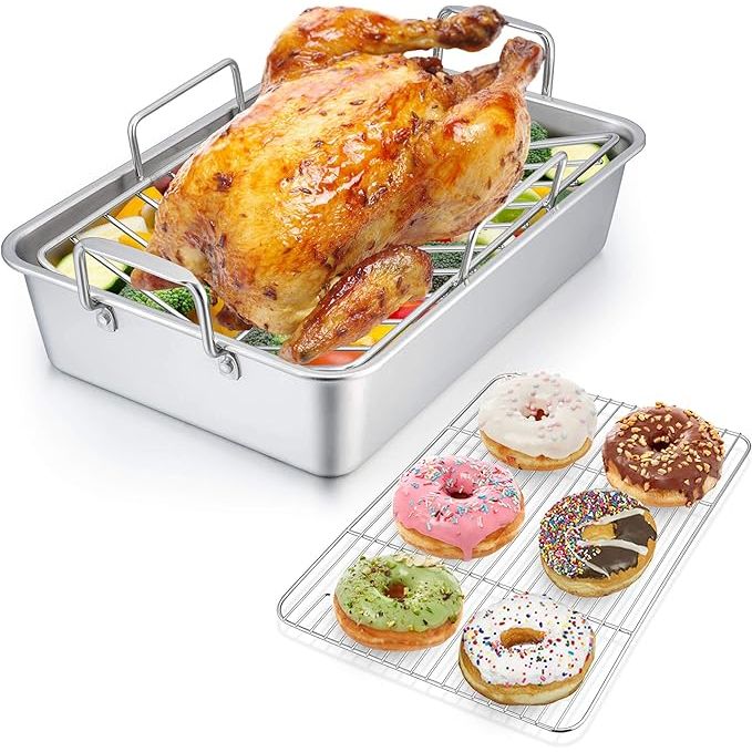 Upgrade your cooking game with the Roasting Pan with Rack from P&P CHEF. This 14-inch stainless steel roaster is perfect for preparing a variety of dishes, from juicy roasts to flavorful lasagnas and mouthwatering vegetables.