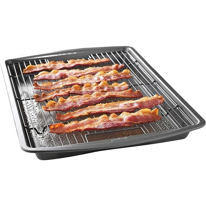 The GoodCook 15 x 10.5 Premium Nonstick Carbon Steel Crispy Bacon Multipurpose Baking Pan Set is a must-have kitchen essential for achieving perfectly crispy bacon every time. This versatile set includes a baking pan and rack for even heat distribution and excellent air circulation while cooking.