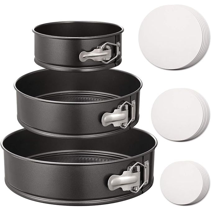 Upgrade your baking game with the HIWARE Springform Pan Set, featuring three non-stick round cake pans in sizes 6 inches, 8 inches, and 10 inches. Perfect for creating delicious cheesecakes, sponge cakes, and more, this set also includes 150 parchment paper liners for easy release without sticking.