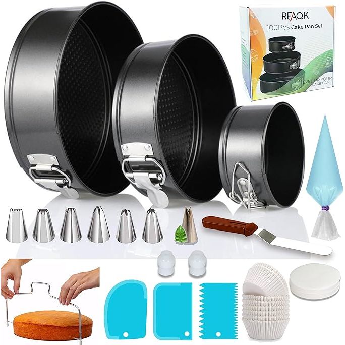 Enhance your baking and cake decorating skills with the RFAQK 100PCs Cake Pan Sets for Baking + Cake Decorating Kit. This comprehensive set includes three non-stick springform pans in sizes 4, 7, and 9 inches, perfect for creating a variety of cakes and desserts effortlessly.