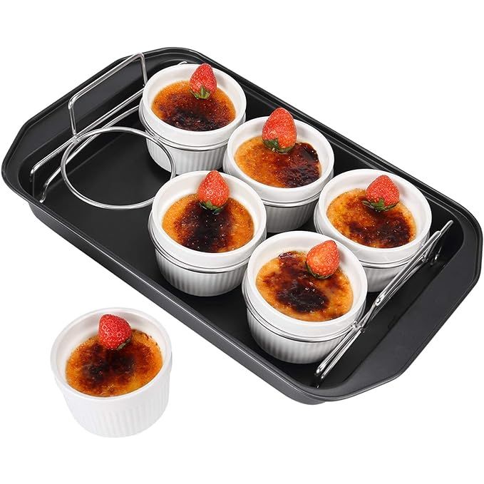 The Creme Brulee Making Set is the perfect kit for both amateurs and professionals looking to create delectable desserts. This convenient set includes six 6 oz porcelain ramekins, a durable 304 stainless steel lifting rack, and a 9 X 13 bottom pan.