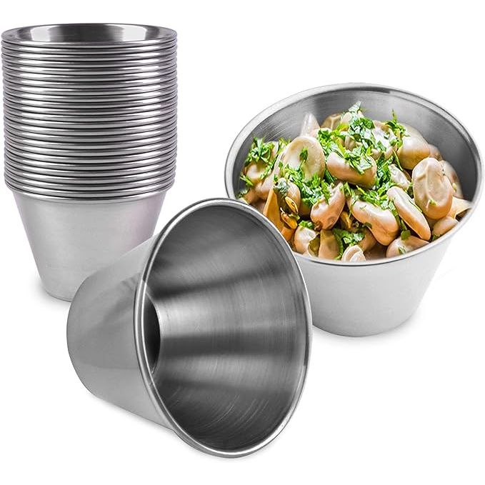 The Fit Meal Prep 24 Pack of 4 oz Stainless Steel Dipping Sauce Cups offers a convenient and long-lasting solution for storing and serving condiments in various settings. Made of high-quality stainless steel, these metal ramekins are designed for commercial-grade use, ensuring durability and resistance to rust and corrosion.