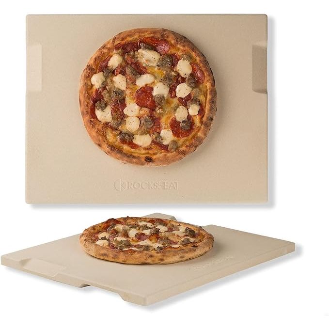 Enhance your cooking experience with the ROCKSHEAT Pizza Stone, a versatile 12in x 15in rectangular baking and grilling stone perfect for use in the oven, on the BBQ, or on the grill. Its innovative double-faced design features built-in handles on all four sides, making it easy to maneuver and serve your delicious creations.