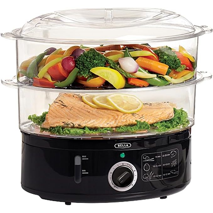 Experience the convenience of the BELLA Two Tier Food Steamer for fast and healthy meal preparation. This sleek appliance features two stackable baskets for simultaneous cooking of different foods, offering a generous 7.4 QT capacity for cooking large batches at once.