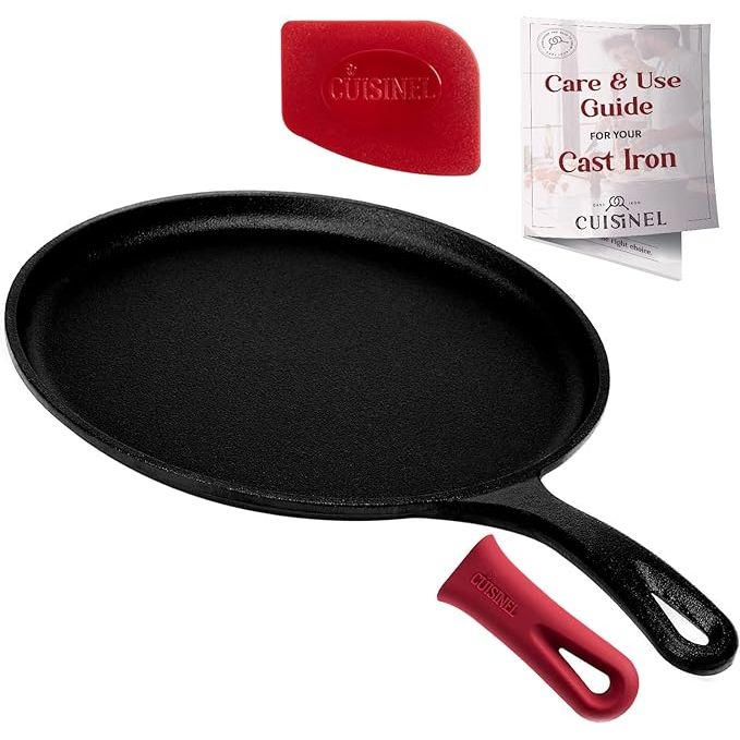 The Cuisinel Cast Iron Round Griddle is a must-have kitchen tool, measuring 10.5 inches in diameter and pre-seasoned for immediate use. Its smooth surface is perfect for a variety of dishes like crepes, tortillas, and dosas.