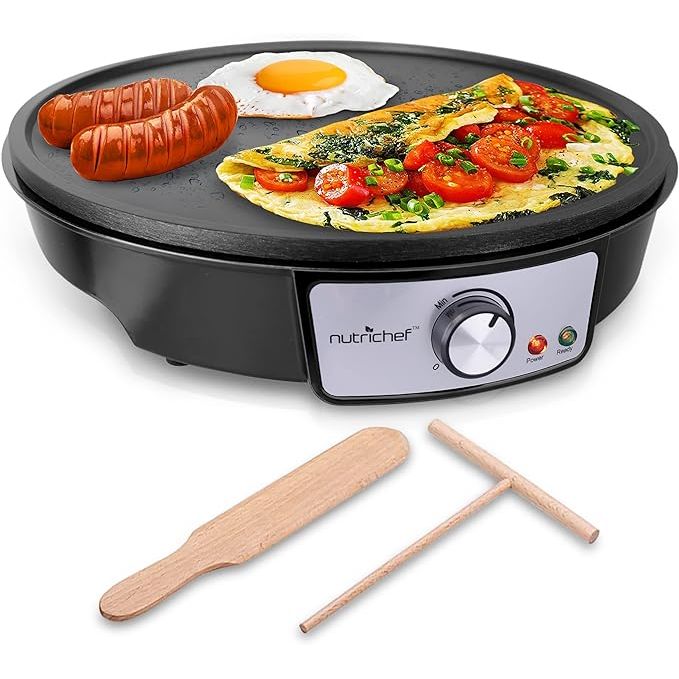 The NutriChef Electric Griddle & Crepe Maker is a must-have in any kitchen for creating a wide range of dishes, from pancakes to eggs. The 12-inch nonstick hot plate provides ample space for cooking multiple crepes or pancakes simultaneously.