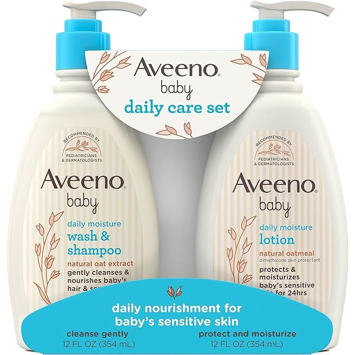 The Aveeno Baby Daily Care Gift Set is a two-item bundle that includes a Daily Moisturizing Body Lotion and a Gentle 2-in-1 Baby Bath Wash & Shampoo. Both products are formulated with natural oat extract and oatmeal, making them gentle and nourishing for baby's delicate skin.