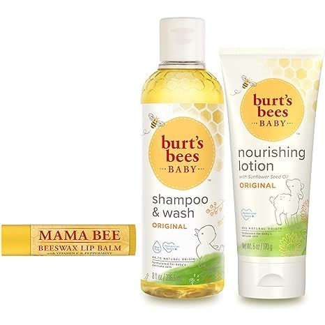 The Burt's Bees Baby & Mom Gift Set includes three gentle skin and hair care products designed for both babies and mothers. The set features a baby shampoo and wash, baby lotion, and Mom's Bees Beeswax Natural Lip Balm.