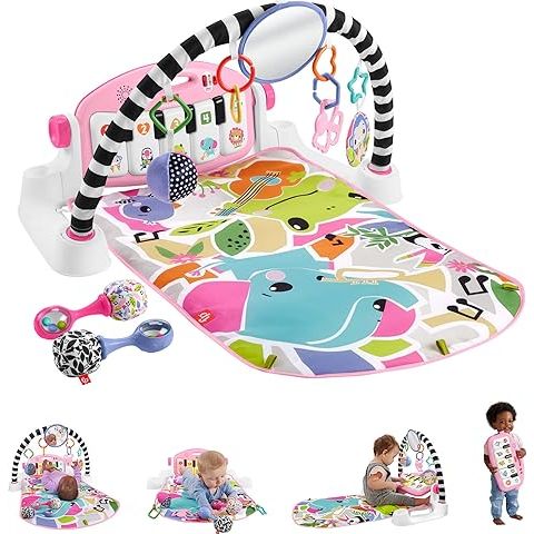 The Fisher-Price Baby Gift Set Glow and Grow Kick & Play Piano Gym is a versatile playmat and musical toy designed for babies aged 0 months and up. The set includes a colorful and interactive playmat with a piano keyboard that lights up and plays music when kicked or touched.