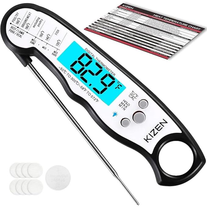 The KIZEN Instant Read Meat Thermometer is a must-have tool for any cooking enthusiast. With its high-quality probe, this digital food thermometer delivers precise temperature readings within just 2-3 seconds, allowing you to keep a close eye on your food's internal temperature during cooking, grilling, baking, or BBQ.