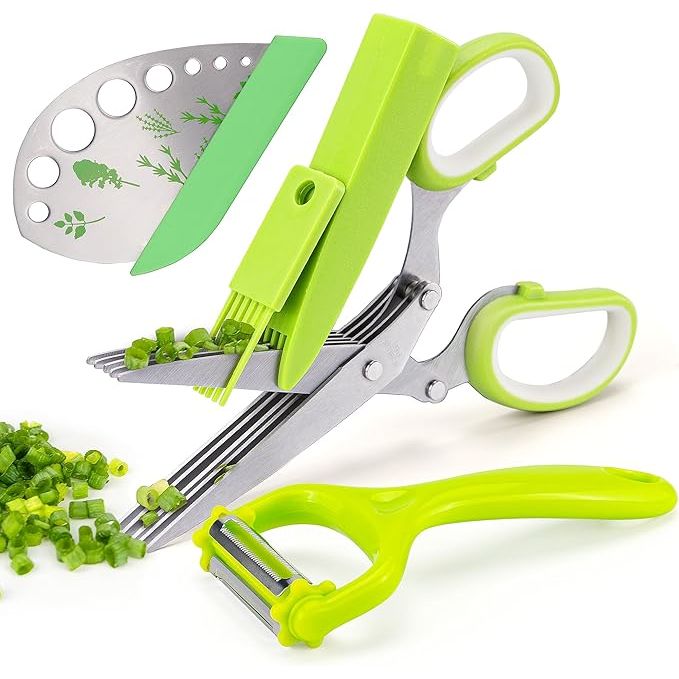 Enhance your culinary experience with the VIBIRIT Herb Scissor and Leaf Stripper, a durable stainless steel tool designed for chopping herbs and vegetables with ease. Featuring five sharp blades, this kitchen essential effortlessly cuts through ingredients like chives, parsley, and more, saving you time and effort in meal preparation.