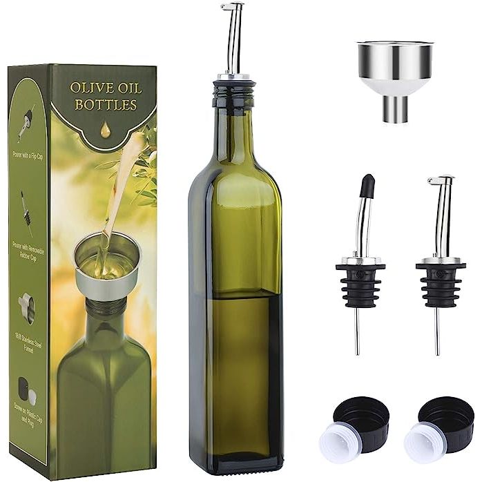 Upgrade your kitchen with the elegant AOZITA 17oz Glass Olive Oil Bottle Dispenser. This 500ml green glass cruet is perfect for storing and pouring olive oil, vinegar, and other liquids. The bottle comes with two pourers and a handy funnel for mess-free pouring, ensuring you get just the right amount every time.