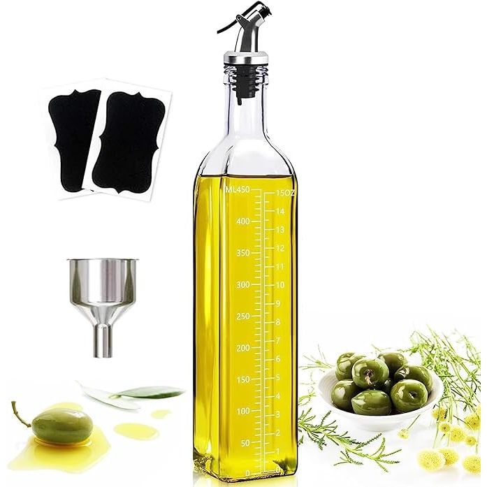 Enhance your kitchen experience with the stylish and practical Olive Oil Dispenser, Vinegar and Olive Oil Bottle Dispenser. This sleek glass container holds 500 ml or 17 oz of liquid, perfect for easy dispensing of olive oil and vinegar during cooking and food preparation.