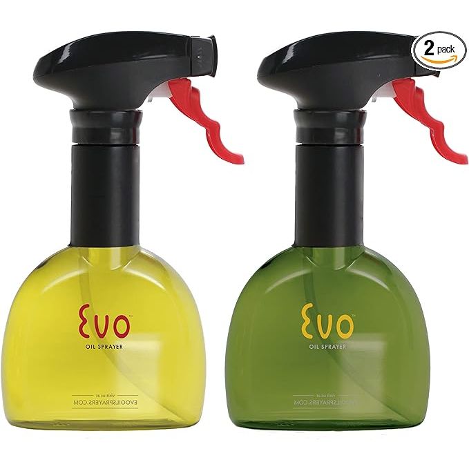 The Evo Oil Sprayer Bottle is a BPA-free, non-aerosol container that delivers a fine mist of olive oil and other cooking oils for healthier meal preparation. Each set includes two 8-ounce bottles in green and yellow for easy identification.