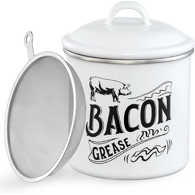 The 1.3L Bacon Grease Saver Container is a must-have kitchen accessory for anyone who loves to cook with bacon grease. Made from enamel and stainless steel, this oil keeper features a fine mesh strainer that makes it easy to pour and use the grease again without any solids getting in the way. With a generous capacity of 1.