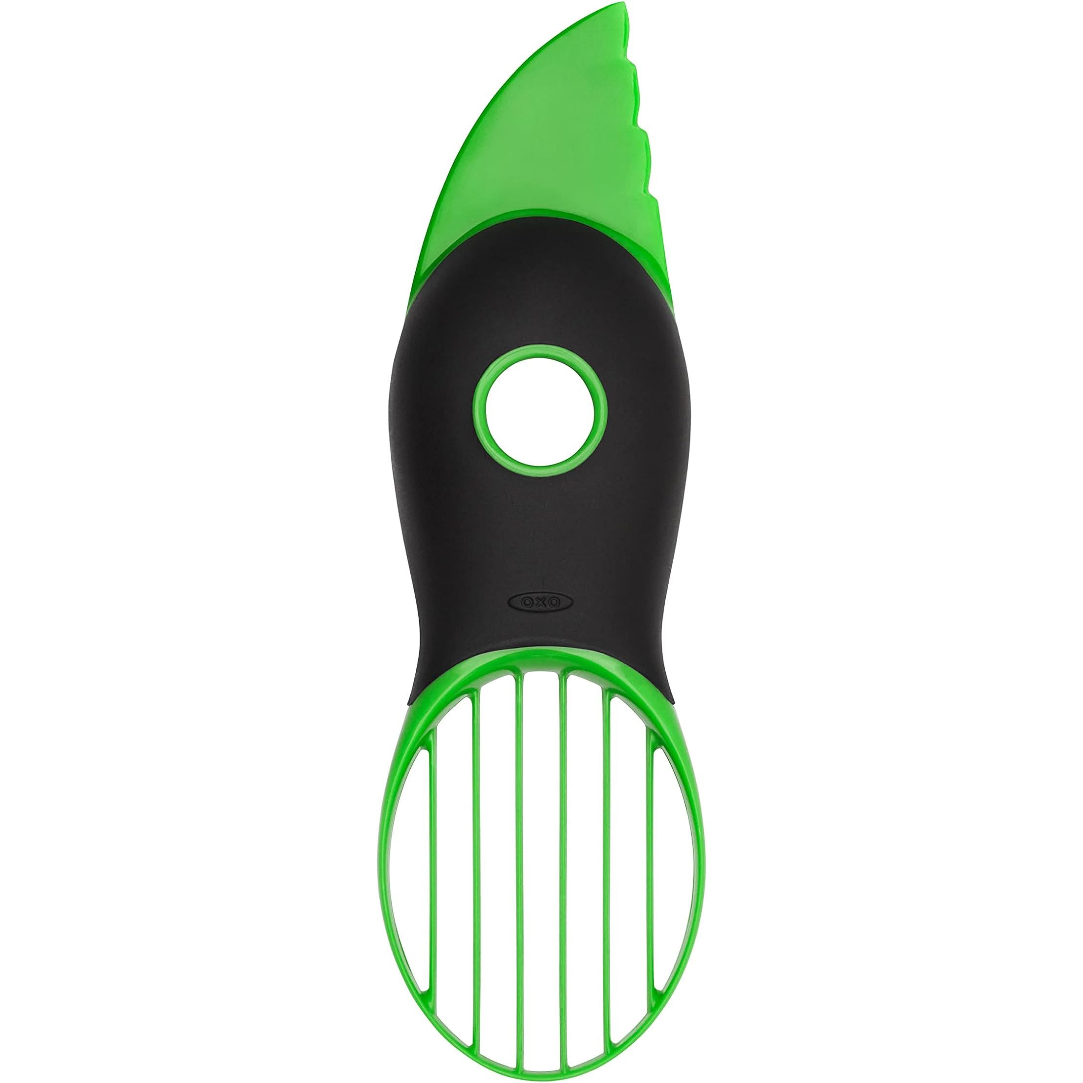 Make preparing avocados a breeze with the OXO Good Grips 3-in-1 Avocado Slicer in green. This handy tool features a comfortable non-slip grip handle that allows for easy slicing, pitting, and scooping of avocados without a mess. The stainless steel blades effortlessly cut through the skin and flesh, while the pitter cleanly removes the pit.