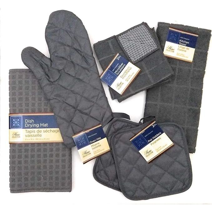 Upgrade your kitchen essentials with this all-inclusive Kitchen Towel Set. Complete with 2 quilted pot holders, an oven mitt, a dish towel, a dish drying mat, and 2 microfiber scrubbing dishcloths, all in a sleek gray hue, this set has everything you need for a seamless cooking and cleaning experience.