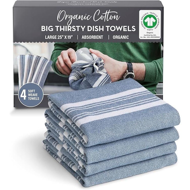 Country Trading Co. offers a set of 4 Big Thirsty Dish Towels, made from organic cotton for superior absorption. Measuring a generous 25” x 19”, these kitchen towels are perfect for handling any mess in the kitchen. The soft weave design of the towels makes them gentle on dishes and cookware while still efficiently soaking up liquids.
