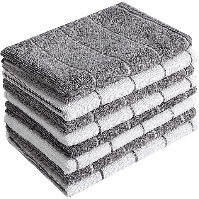 Introducing a set of 8 microfiber kitchen towels in a chic stripe design featuring grey and white colors. Each towel measures 26 x 18 inches and is crafted from high-quality material that is both super absorbent and durable.