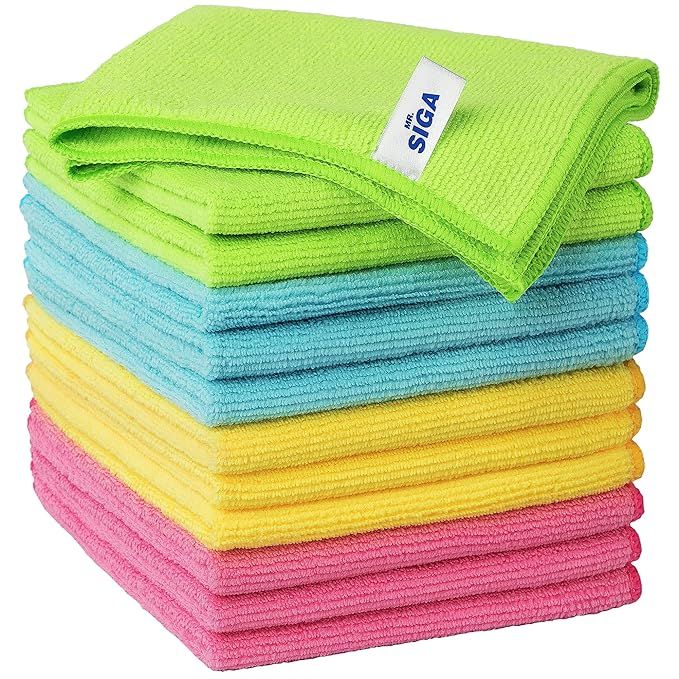 The MR.SIGA Microfiber Cleaning Cloth is a pack of 12 cloths, each measuring 12.6" x 12.6". These cloths are made of high-quality microfiber material, which is highly absorbent and able to effectively clean various surfaces without leaving streaks or lint behind. The cloths are reusable and can be machine washed for easy maintenance.