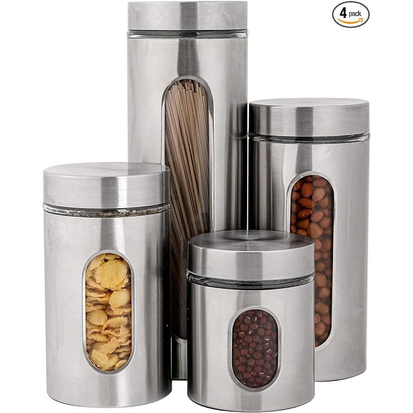 Upgrade your kitchen storage with the stylish and practical PENGKE Canisters Set. This 4-piece set features sleek silver stainless steel canisters with convenient glass windows, allowing you to easily see the contents inside without opening them.