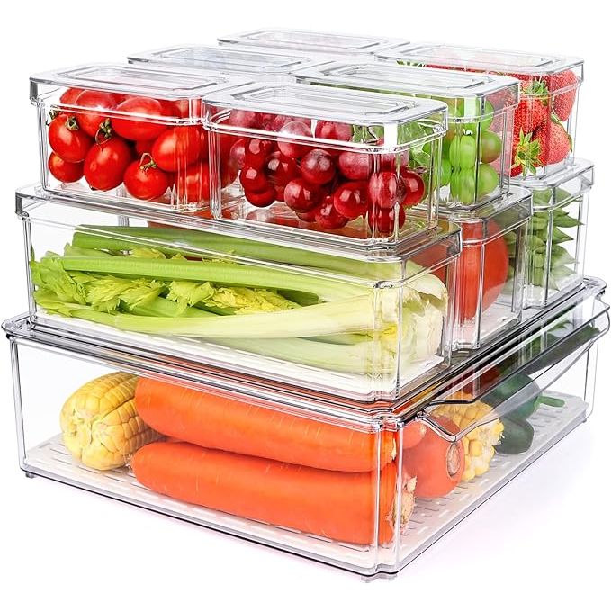 Easily organize your kitchen with the 10 Pack Refrigerator Pantry Organizer Bins. Made of clear plastic, these stackable bins come with lids and are perfect for storing drinks, fruits, vegetables, cereals, and more.