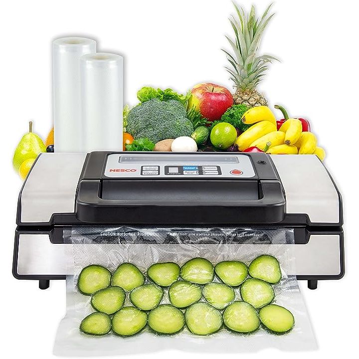 The Nesco Deluxe Food VS-12 Vacuum Sealer is a kitchen appliance that allows for efficient and long-term preservation of food by removing air and sealing bags. It has a powerful 130-watt motor that ensures a strong vacuum seal, keeping food fresh for longer periods of time.