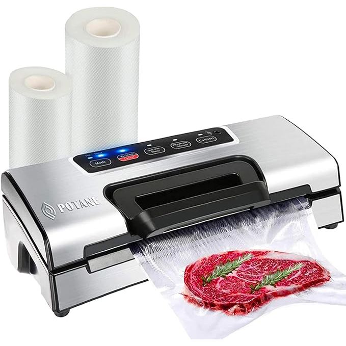 The Precision Vacuum Machine is a professional-grade food sealer that allows for precise vacuum sealing of food items. It features a built-in cutter for easily customizing the size of the bags, and has a bag storage compartment that can hold up to 20 feet of bag material.