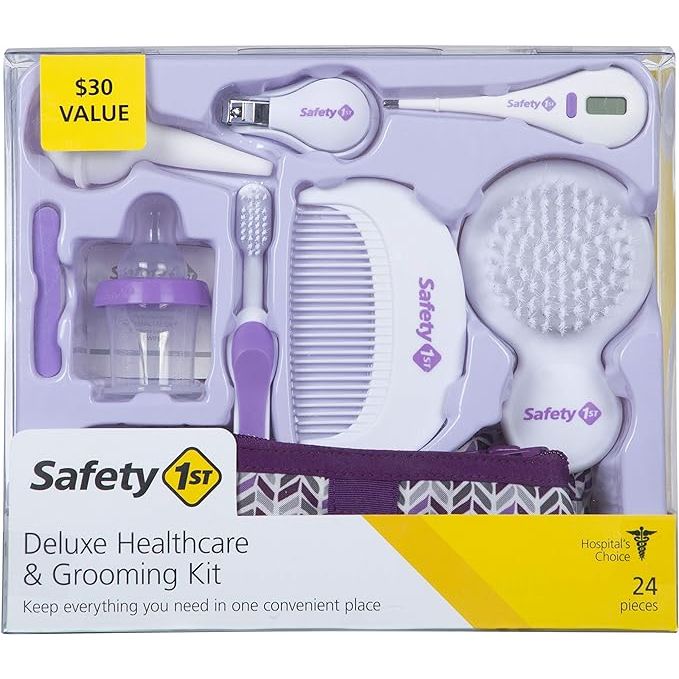 The Safety 1st Deluxe Healthcare & Grooming Kit is a comprehensive set that includes all the essentials for keeping your baby healthy and groomed. It includes a digital thermometer with a case, a nasal aspirator, a medicine dropper, a nail clipper, a brush, a comb, and more.