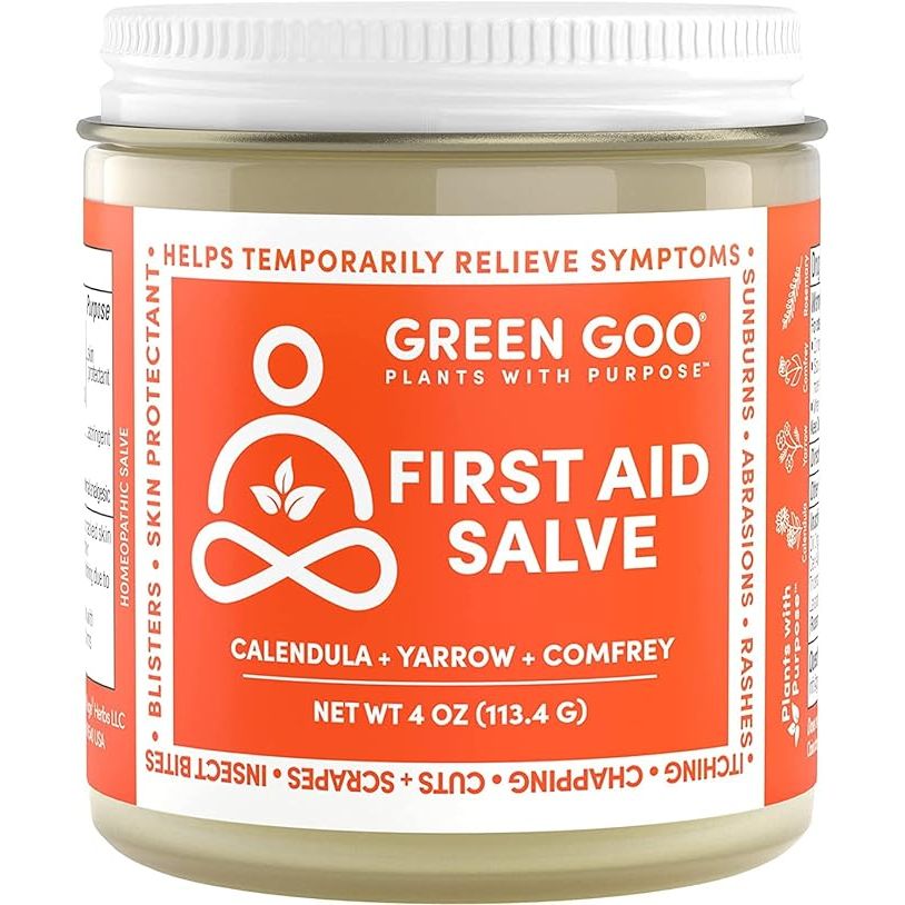 Green Goo First Aid Salve is an all-natural healing cream designed to treat a variety of skin issues such as cuts, scrapes, blisters, chafing, and sunburns. The 4 oz. tin contains a blend of soothing herbs and oils that promote skin regeneration and help relieve discomfort.