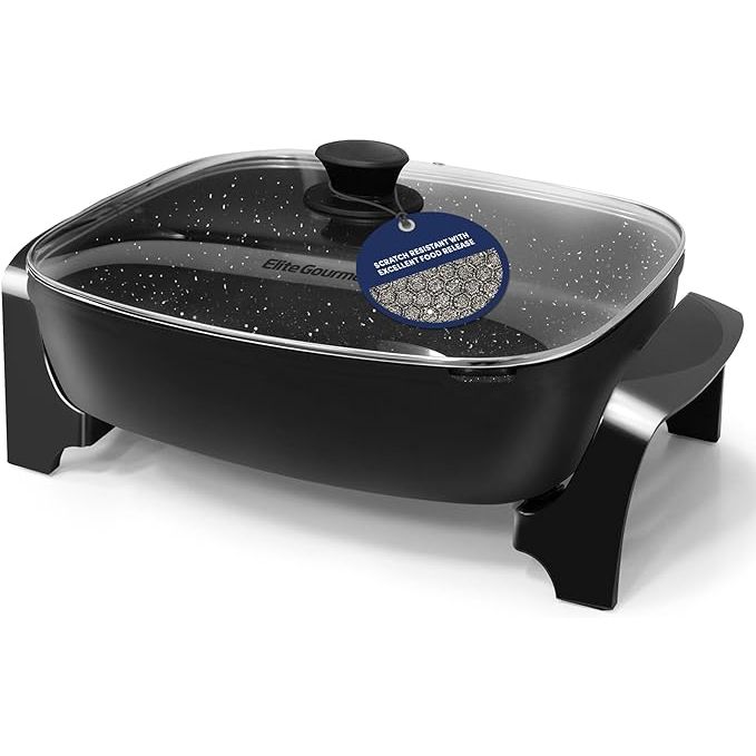 The Elite Gourmet EG6203 is a high-quality electric skillet that offers a large cooking surface of 16"x13"x3.2" and a capacity of 10.5 quarts. It features a marbled non-stick coating that makes cooking and cleaning a breeze. The skillet also comes with a vented glass lid that allows you to monitor your food as it cooks, while preventing splatters.