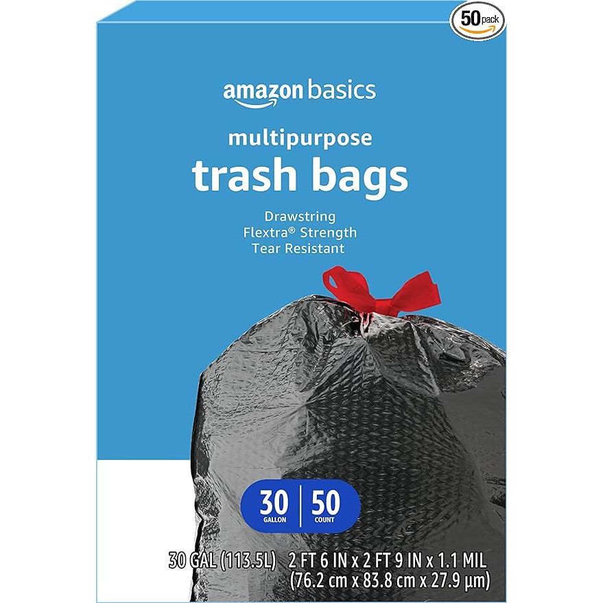 Keep your living spaces immaculate and odor-free with Amazon Basics Flextra Multipurpose Drawstring Trash Bags – your go-to solution for everyday waste management. Boasting a generous 30-gallon capacity, these robust bags are the perfect ally for bustling kitchens, pristine bathrooms, and any other area of your residence that accumulates trash.