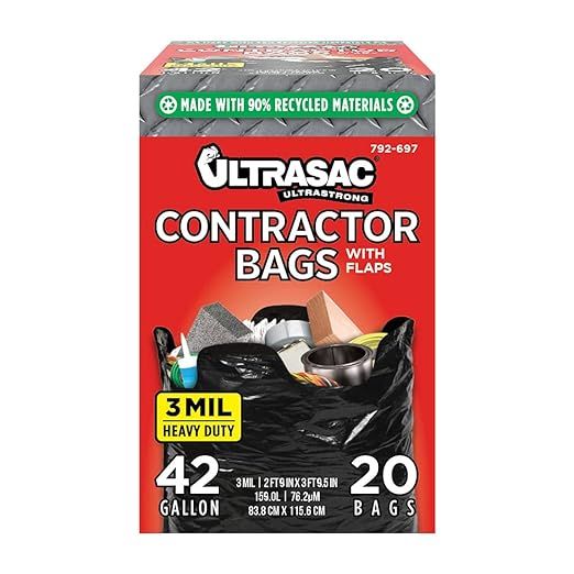 Maximize job site efficiency with Ultrasac Contractor Bags—your ultimate solution for waste management in demanding environments! This professional-grade collection features 20 robust bags per pack, each boasting a generous 42-gallon capacity and expansive dimensions of 32.75 x 44.5 inches.