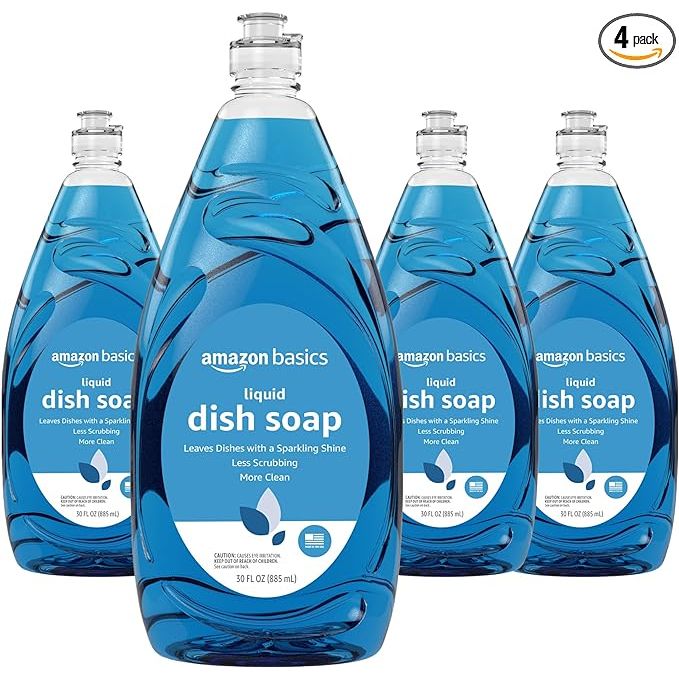 Infuse your kitchen with the invigorating freshness of the Amazon Basics Dish Soap. Available in an economical 4-pack bundle, each bottle boasts a generous 30-ounce capacity filled with a specially formulated liquid soap that delivers a clean as vibrant as its scent.