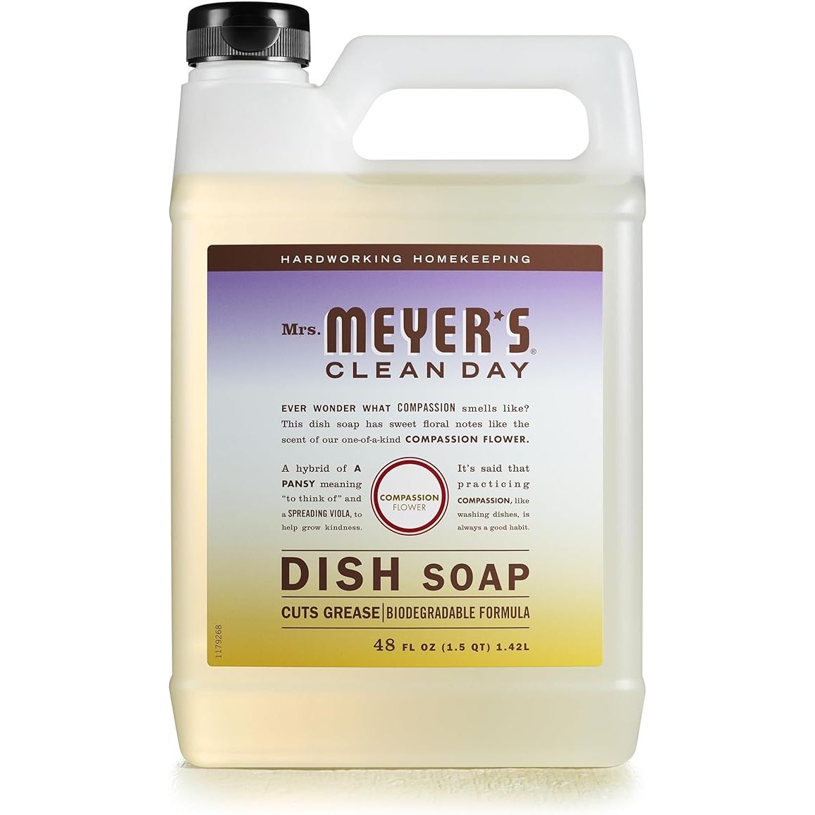 Mrs. Meyer's Clean Day Liquid Dish Soap Refill is a biodegradable dish soap made with plant-derived ingredients and essential oils. The Compassion Flower scent is a unique blend of floral and fruity notes that leaves dishes smelling fresh and clean. The 48 fl. oz. refill bottle is designed to easily replenish your existing Mrs.