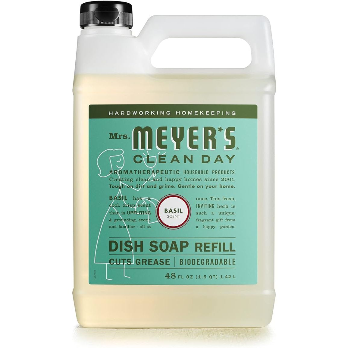 MRS. MEYER'S CLEAN DAY Liquid Dish Soap Refill in the Basil scent is a biodegradable dish soap formula that is designed to effectively clean dishes while being gentle on the skin and environmentally friendly.