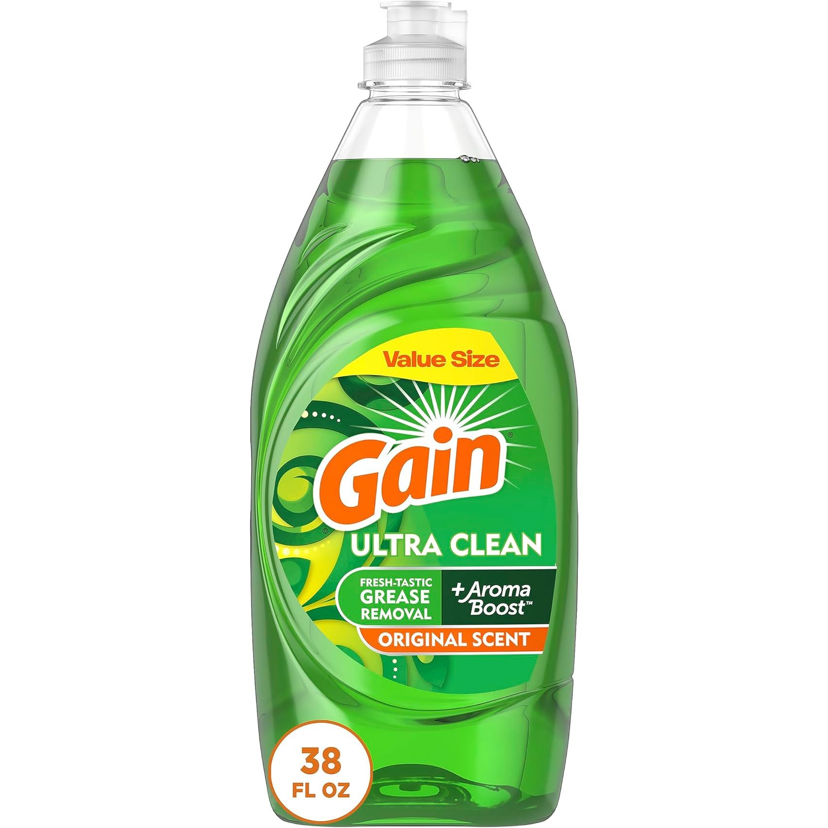 Experience the ultimate clean with Gain Ultra Original Scent Dish Soap, your new kitchen essential. Our generously-sized 38 oz bottle serves up an abundance of suds to combat even the toughest kitchen grease and grime.