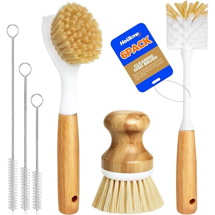 Elevate your kitchen cleaning game with the Holikme 6 Pack Dish Brush Set – your all-in-one solution for sparkling dishes and spotless surfaces. Crafted with functionality and style in mind, this comprehensive collection features vibrant yellow brushes, including a bottle brush, dish brush, palm scrub brush, and straw brush.