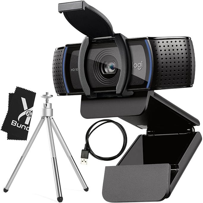 The Logitech C920e Webcam Bundle is a high-quality webcam that includes a tripod, 5ft cable, and cleaning cloth. It offers full HD 1080p video quality, making it perfect for gaming, video conferencing, and streaming.