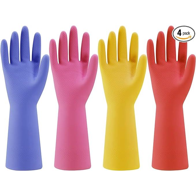 Dive into your house cleaning with confidence using Bamllum's Rubber Kitchen Dishwashing Gloves, available in an eye-catching 4-pair set with an array of lively colors: cheerful blue, playful pink, sunny yellow, and vibrant orange.