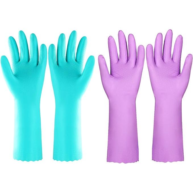 Keep your hands protected and comfortable while tackling household chores with our versatile and reusable dishwashing gloves. Available in a vibrant pack of two pairs, featuring charming shades of purple and blue, these gloves are a stylish and functional complement to your kitchen essentials.