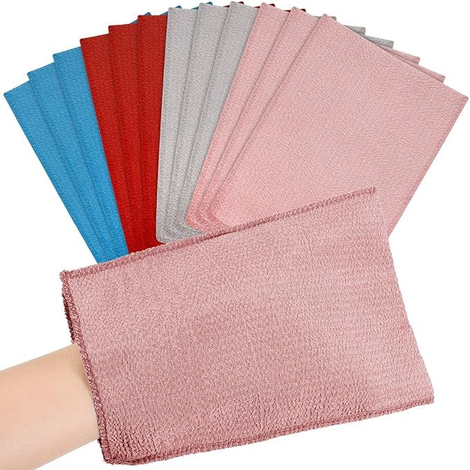 The Tatuo 12 Pieces Korean Exfoliating Mitt is a set of exfoliating cloths designed for body scrubbing in the Korean style. This set includes four different colors - pink, brick red, gray, and blue - each with a small size for easy handling during use.