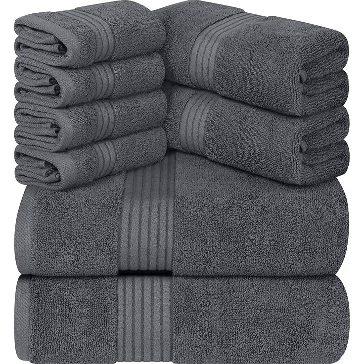 The Utopia Towels 8-Piece Premium Towel Set includes 2 bath towels, 2 hand towels, and 4 washcloths, all made from 100% ring spun cotton. These towels are known for their high absorbency, making them ideal for use in the bathroom, after sports activities, or in hotels.