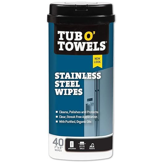 Bring back the luster to your stainless steel surfaces with Tub O' Towels' premium Stainless Steel Wipes—the expert solution for battling tough stains, grease, and grime. This pack of 40 robust white wipes is imbued with a powerful cleaning formula, ready to restore the brilliance of your stainless steel appliances, countertops, and fixtures.