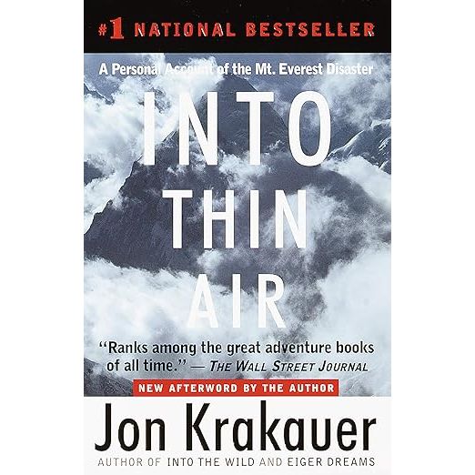 "Into Thin Air" is a non-fiction book written by Jon Krakauer that chronicles his experiences during the disastrous 1996 Mount Everest expedition. Krakauer, an experienced mountain climber and journalist, was assigned by Outside magazine to join a commercial climbing expedition led by Rob Hall. The team faced various challenges such as extreme weather conditions, oxygen deprivation, and human error, ultimately resulting in the deaths of several climbers, including Hall.

Krakauer's book delves into the physical and psychological struggles faced by the climbers as they ascended the world's tallest peak. He provides a detailed account of the events leading up to the tragedy, shedding light on the risks and realities of high-altitude climbing. "Into Thin Air" also explores the ethical dilemmas of commercial guiding on Everest, as well as the impact of personal ambition and group dynamics on decision-making in extreme environments.

Throughout the book, Krakauer reflects on his own role in the tragedy and grapples with survivor's guilt. His gripping narrative offers a poignant exploration of the allure and dangers of mountaineering, as well as the complexities of human behavior under pressure. "Into Thin Air" has been praised for its vivid storytelling and insightful analysis, making it a compelling read for both adventure enthusiasts and those interested in human resilience and the pursuit of extraordinary goals. Description by ChatGPT.