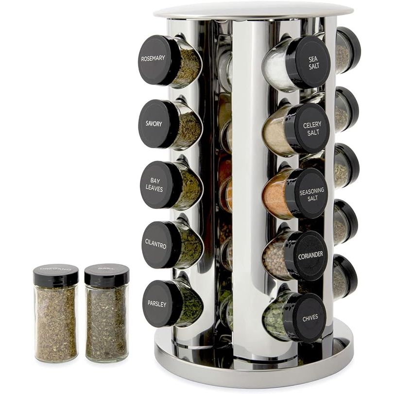 Transform your kitchen into a culinary haven with the sleek and elegant Kamenstein 20 Jar Revolving Countertop Spice Rack. Masterfully crafted from premium polished stainless steel, this space-saving accessory epitomizes modern design while offering unmatched functionality.