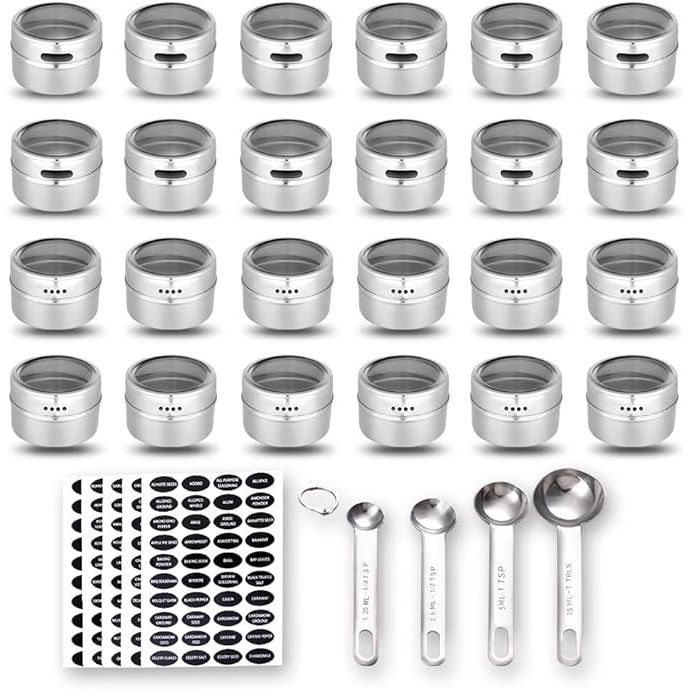 Elevate your culinary space with our premier 24-Piece Magnetic Spice Tin Set, designed for the discerning home chef seeking both style and functionality. Each tin boasts a strong magnetic backing that adheres effortlessly to any metal surface, including your refrigerator, preserving precious counter and cabinet real estate.