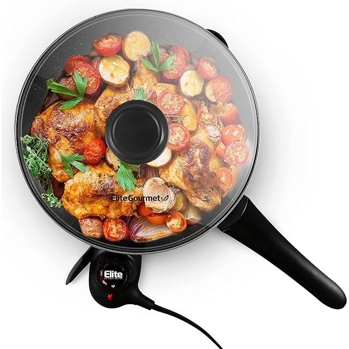 Transform your kitchen routine with the Elite Gourmet Nonstick Fry Pan Electric Skillet, the ultimate tool for fuss-free cooking. Designed with a robust cast aluminum construction and a stylish black lacquer finish, this skillet not only resists rust and warping but also promises to stand the test of time.