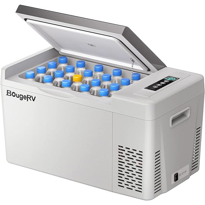 The BougeRV 12 Volt Refrigerator is a portable freezer compressor cooler that is designed for use in trucks, vans, RVs, campers, SUVs, and other vehicles. It has a 23 quart capacity and can operate on both 12/24V DC and 110~240V AC power sources, making it ideal for use while on the road or at a campsite.