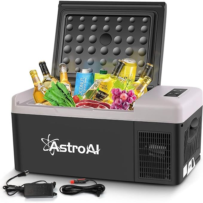 The AstroAI 12 Volt Car Refrigerator is a portable freezer and camping fridge that operates on both 12V DC and 110V AC power sources. It has a capacity of 15 liters and a temperature range from -4℉ to 68℉, making it suitable for keeping food and drinks cool or frozen while on the go.